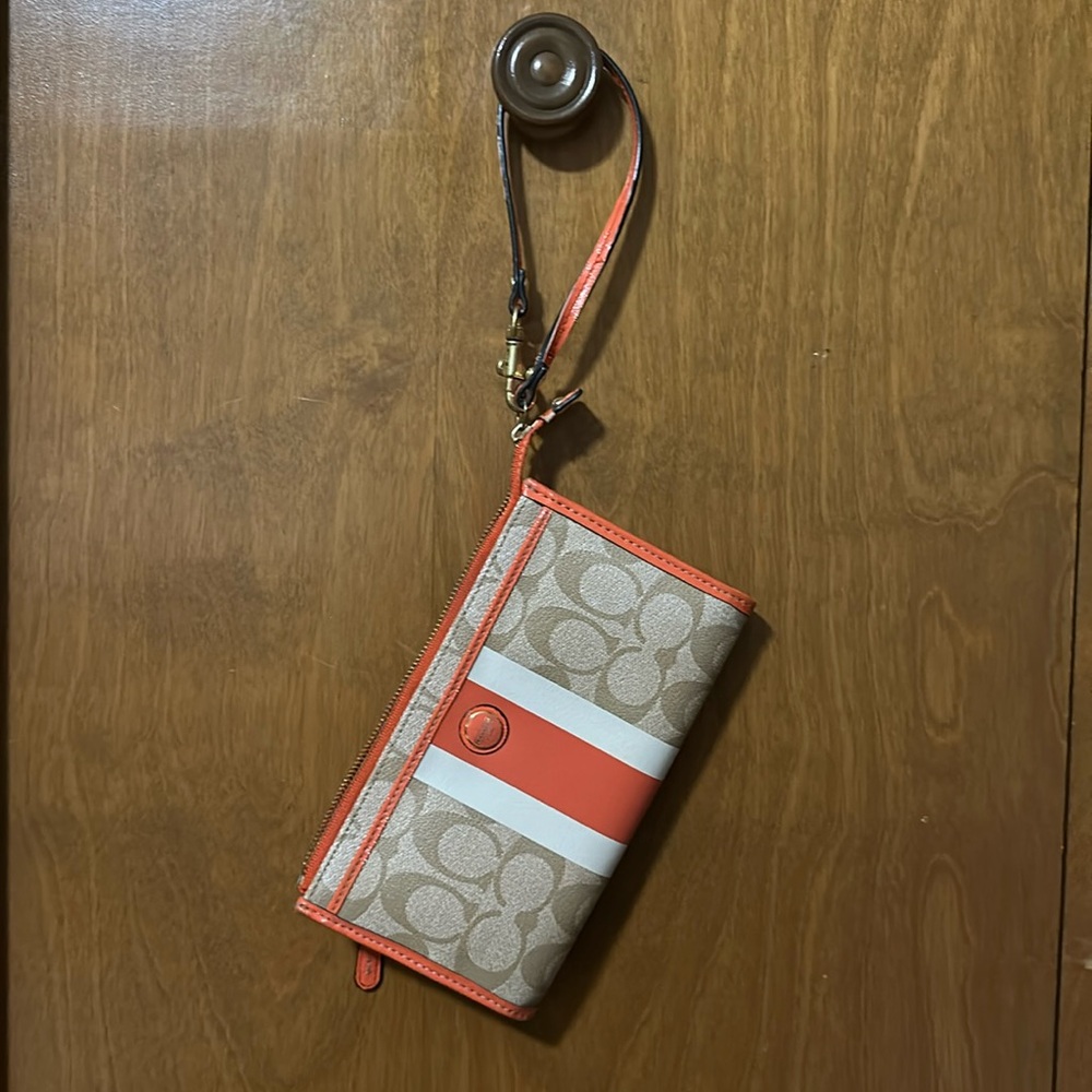 Coach Wallet, Credit Card Holder, Phone Pocket, Signature Coach Beige Orange